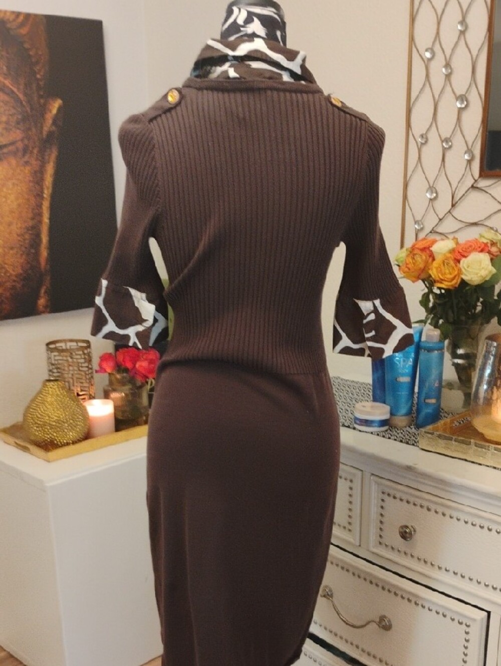 Tory Burch Brown Layered Knit Collar Dress with Patterned Trim - Picture 6 of 6